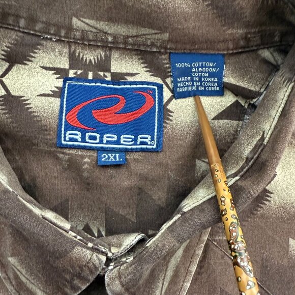 Roper Shirt Mens 2XL Aztec Print Brown Western Pearl Snap Long Sleeve Cotton - Picture 2 of 7